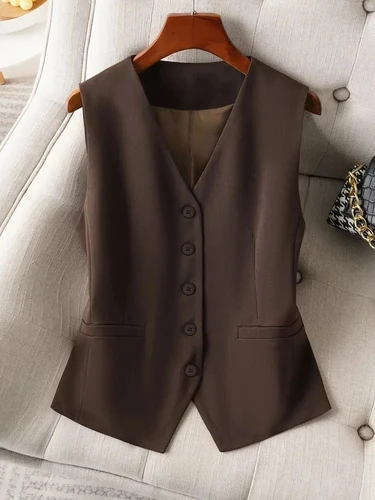 Imagen 1 del producto Chaleco de mujer de inspiración vintage Chaleco de traje ajustado con cuello en V marrón retro para un look clásico, informal de oficina y negocios