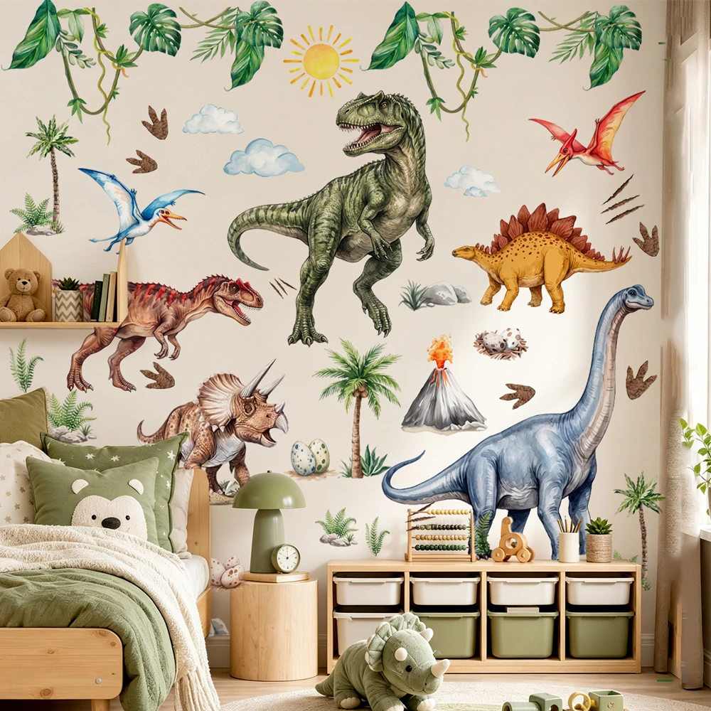 Oversize Watercolor Dinosaur Wall Stickers, Removable Vinyl Jungle Dino Decals for Kids Bedroom Nursery Boys Room DIY Home Decor