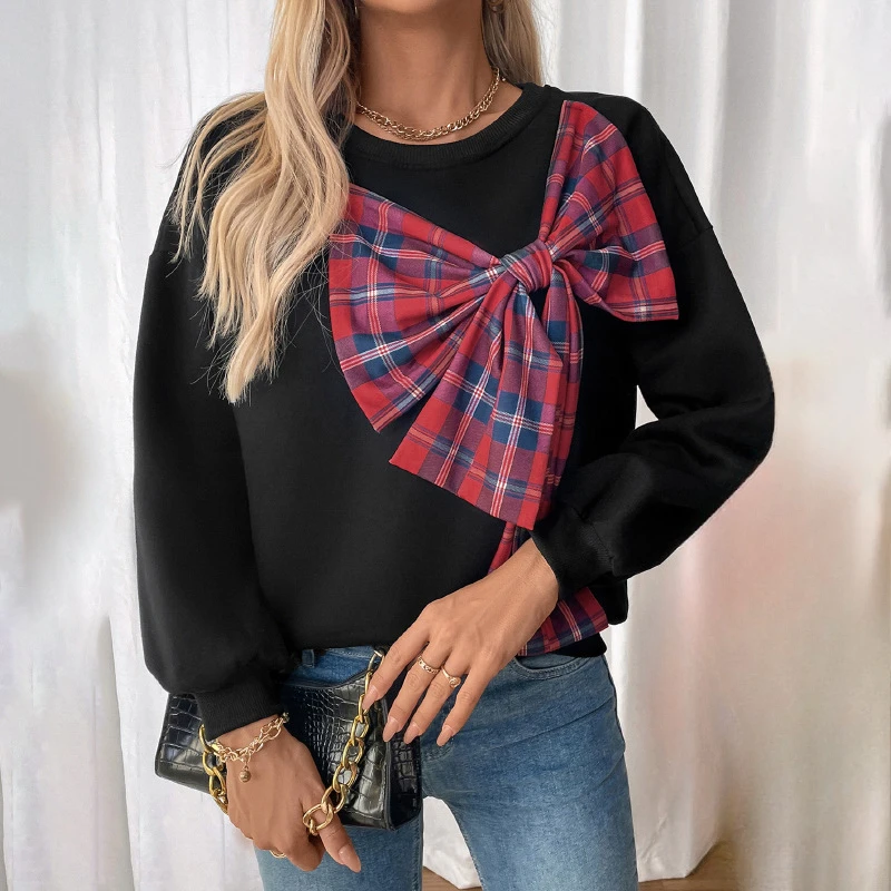 편안한 캐주얼 스웨터 코트, 체크 무늬 활 스티치 라운드 넥 스웨터, 2025 용수철 통근 여성복