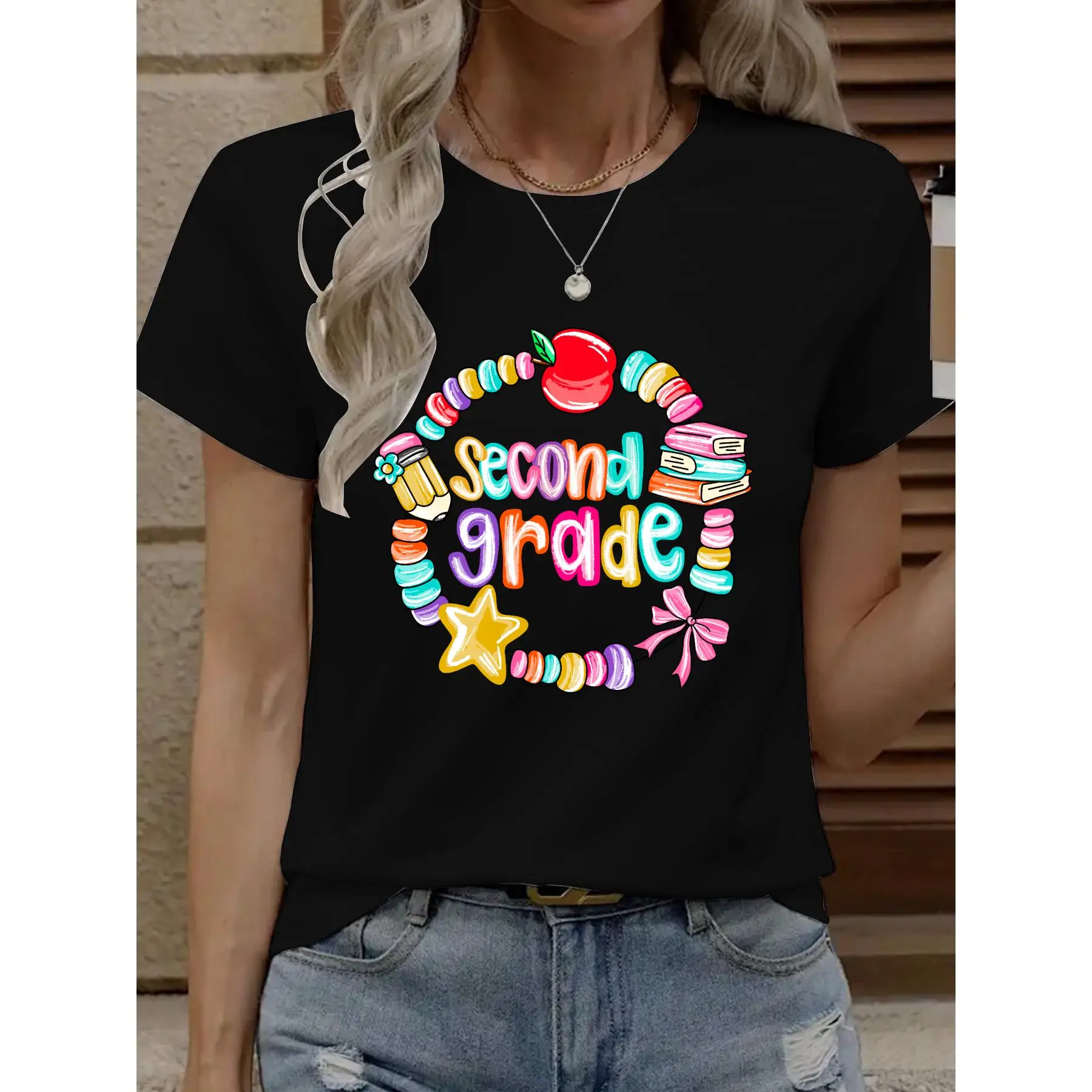 

T - Shirt With “Second Grade” Surrounded By School - Themed Icons Like Apples, Books, Perfect For Second - Graders.