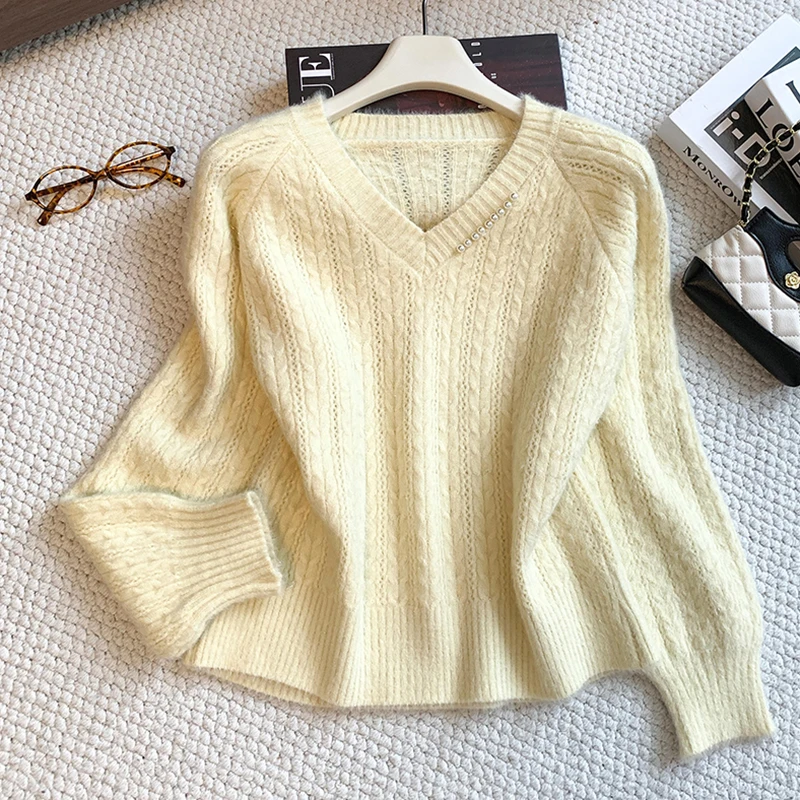 Solid V Neck Knitted Sweater Women Simple Beaded Loose Cable Knit Pullover Autumn Casual Lazy Wind All Match Female Jumper Tops