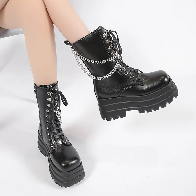 Punk Gothic Women Boots 2024 Autumn Winter Platform Heightened Lace Up Short Boots Black Chunky Heel Knight Botas Goth Shoes