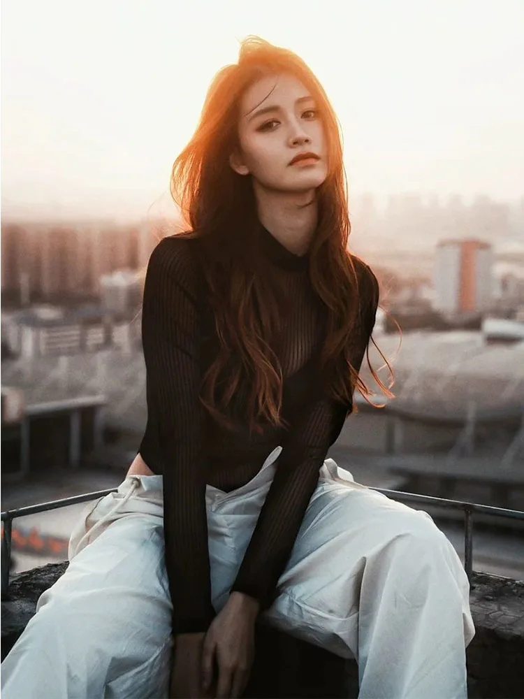 Striped mesh see through sexy long sleeves, half height collar backless hollow solid color jumpsuit, elegant and sexy streetwear