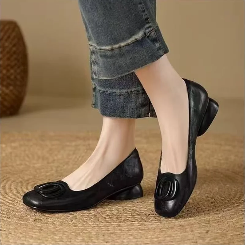 French Style Square Toe Block Heel Pumps Women Spring Autumn New Soft Leather Shallow Shoes Metal Buckle Vintage Women's Shoes