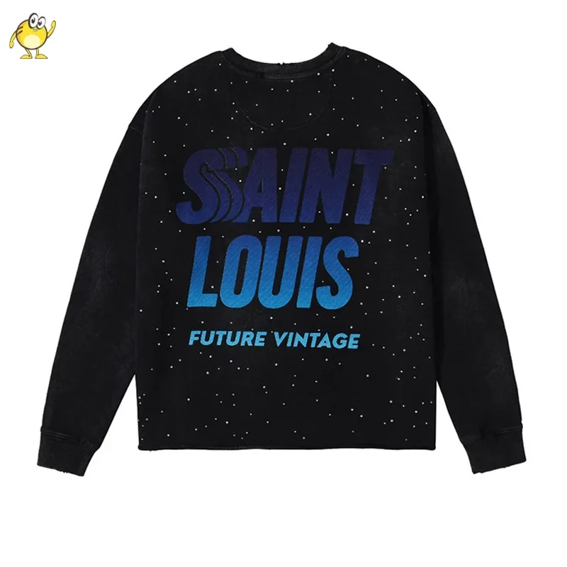 Rhinestone Round Neck Saint Louis Hoodies Men Woman Hip Hop Washed Do Old Black Loose Casual Damaged Pullover Sweatshirts