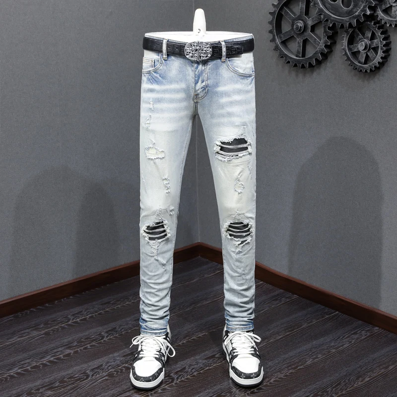 

Street fashion men's jeans retro light blue elastic tight wavy jeans men's black patch designer hip-hop brand pants men