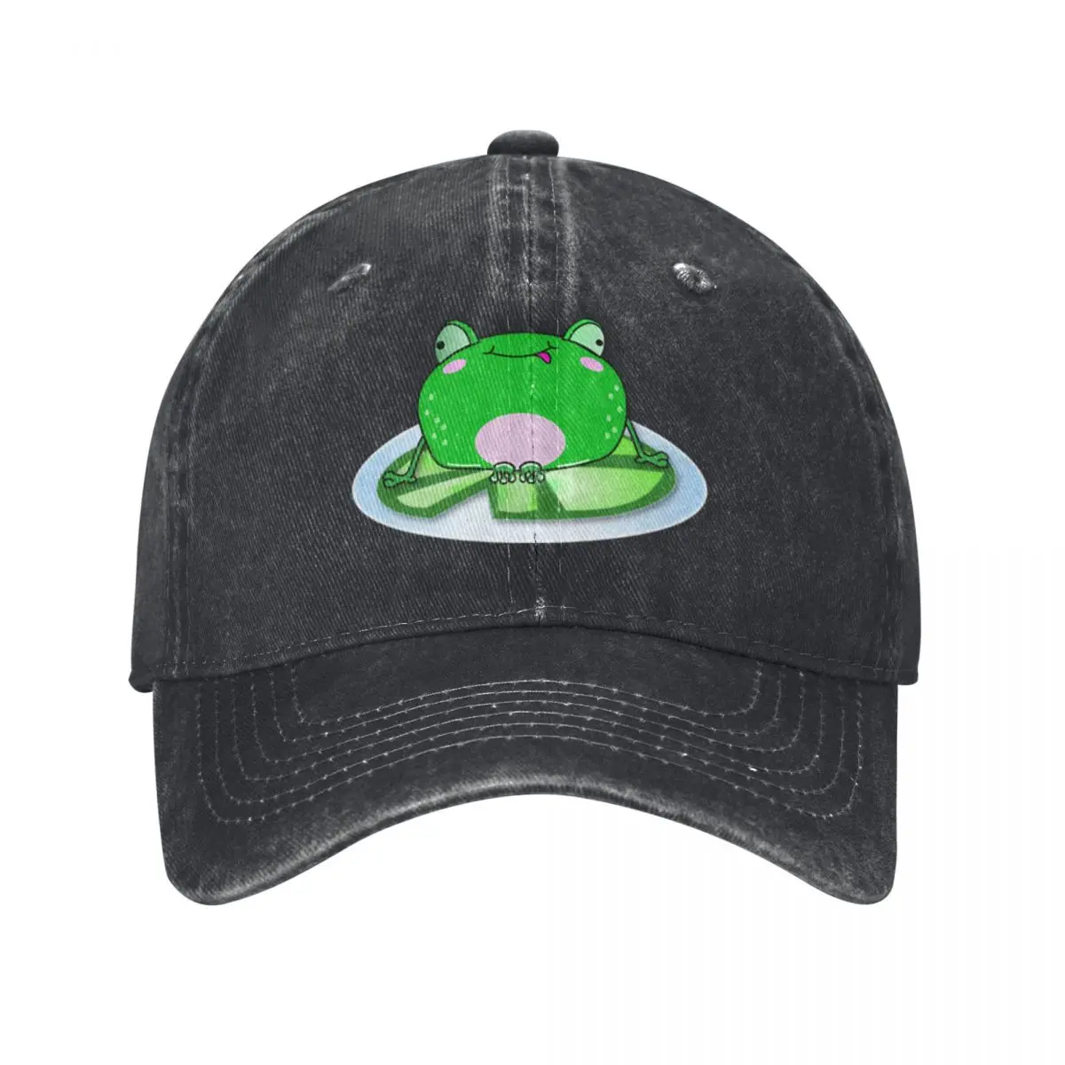 

Cute Frog - A Happy Frog Sits On A Lilypad Baseball Caps Vintage Denim Washed Headwear Unisex Style Outdoor Running Hats