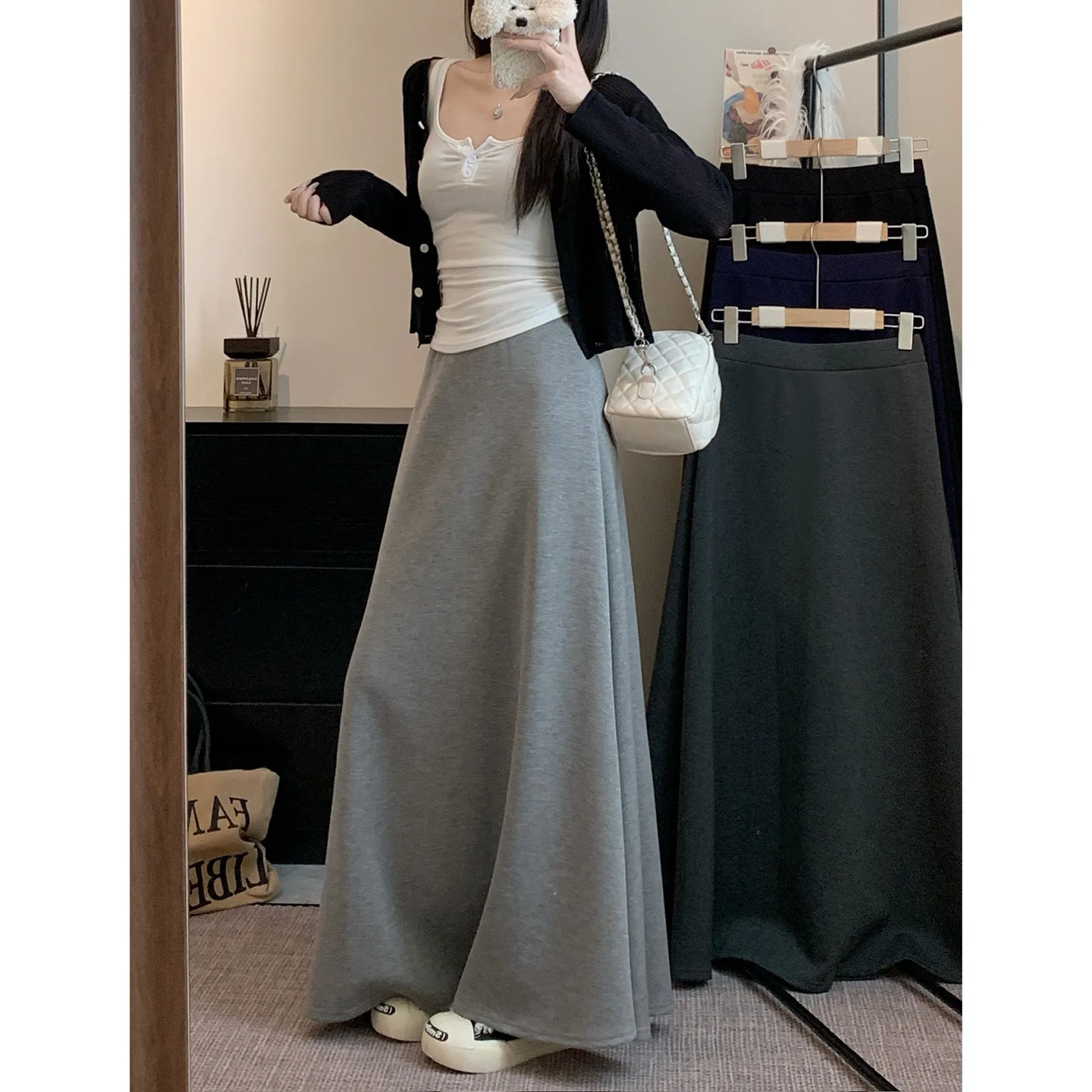 Women's High Waist A-Line Maxi Skirt, Solid Color Knit Flared Long Skirt, Casual Versatile Office Wear for All Seasons
