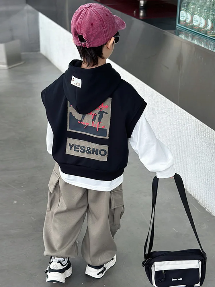 High-Quality Autumn Outfit Boys hooded vest+T-shirts+Cargo Pants 3Piece Set Casual Kids Clothes Suits  2-10Years