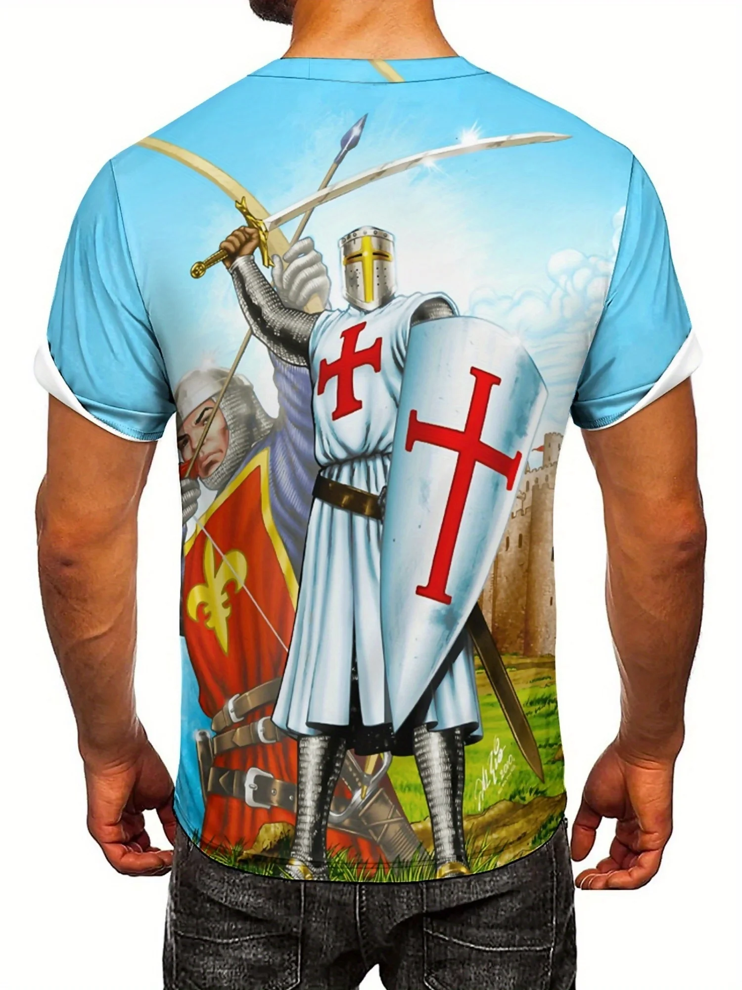 تي شيرت رجالي بتصميم فارس للزوجين مطبوع ثلاثي الأبعاد لكامل الجسم - قماش خفيف الوزن وجيد التهوية لصالة الألعاب الرياضية والجري