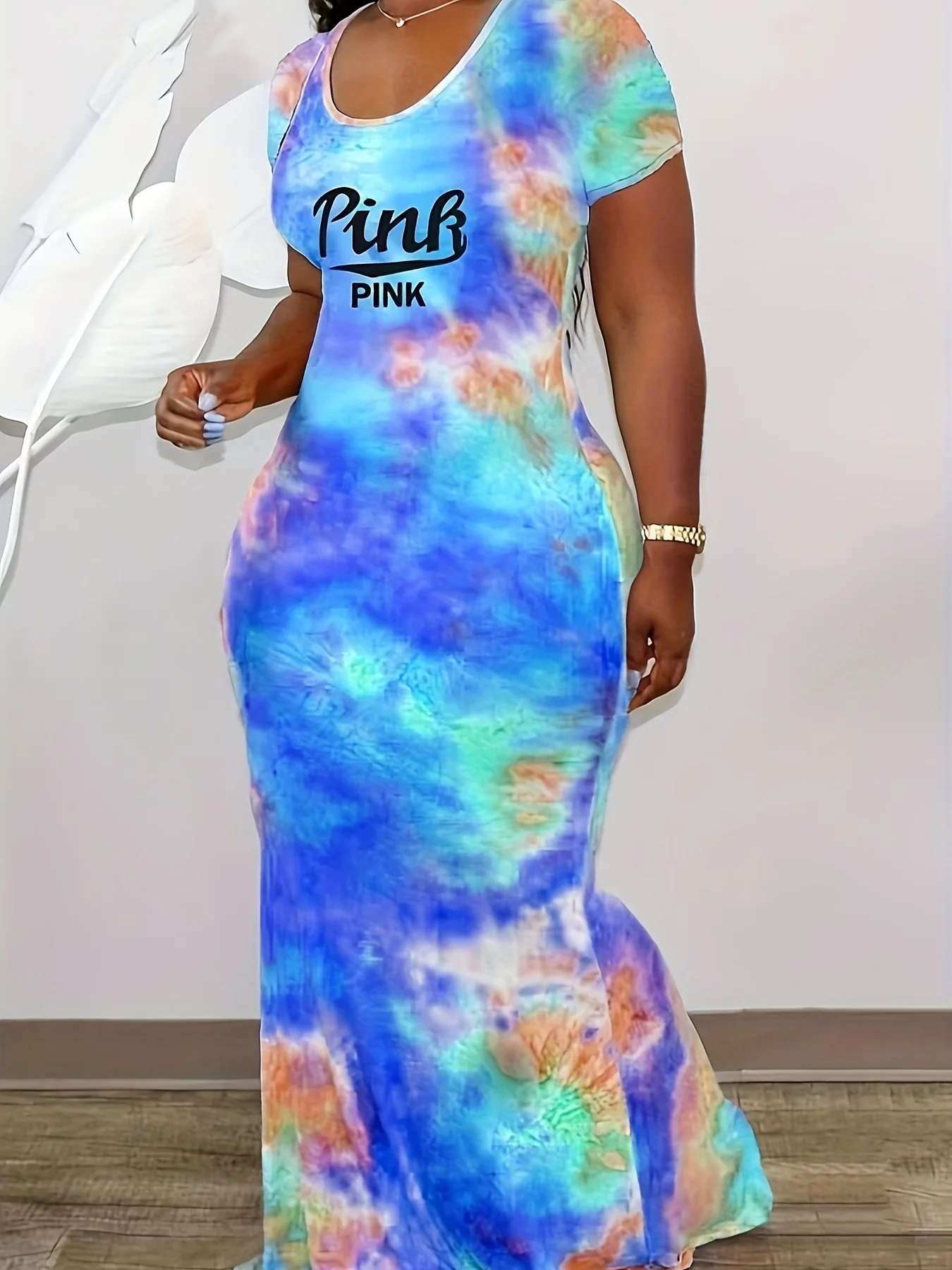 

2024 Spring Summer New Europe United States Hot Fashion Women's Tie-dye Printing Letters Short-sleeved Fishtail Dress Long Dress