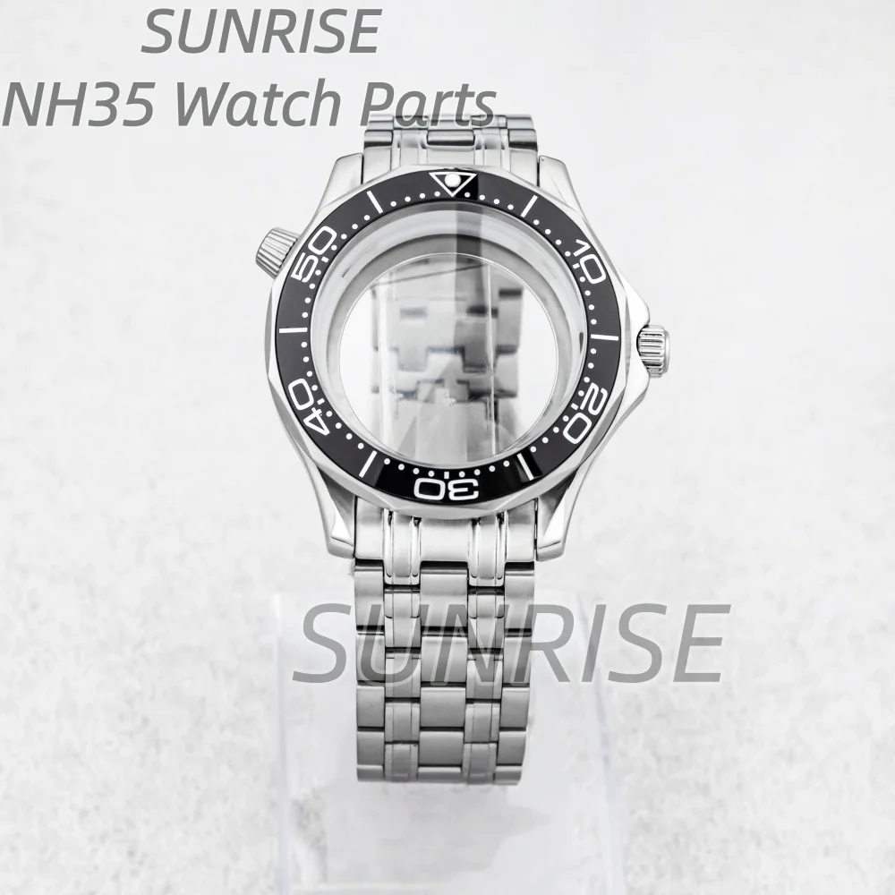 Silver 41mm NH35 Watch Case 20mm Solid Stainless Steel Strap Watchband Waterproof for Seamaster 300 NH35 NH36 Movement 31mm Dial