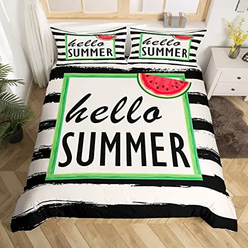 Hello Summer Duvet Cover Set Watercolor Watermelon Fruits Bedding Set Summer Holiday Theme Blue Rustic Cabin Comforter Cover