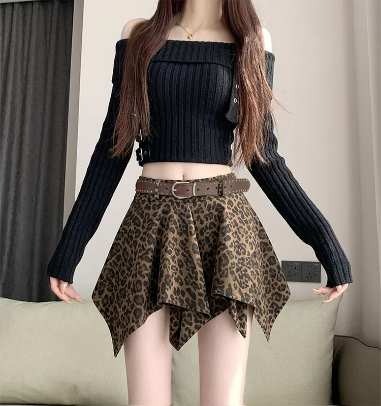 Women's Autumn Winter Asymmetrical Leopard Print A-Line Mini Skirt Y2K American Harajuku Streetwear Fashion Retro Casual Skirt