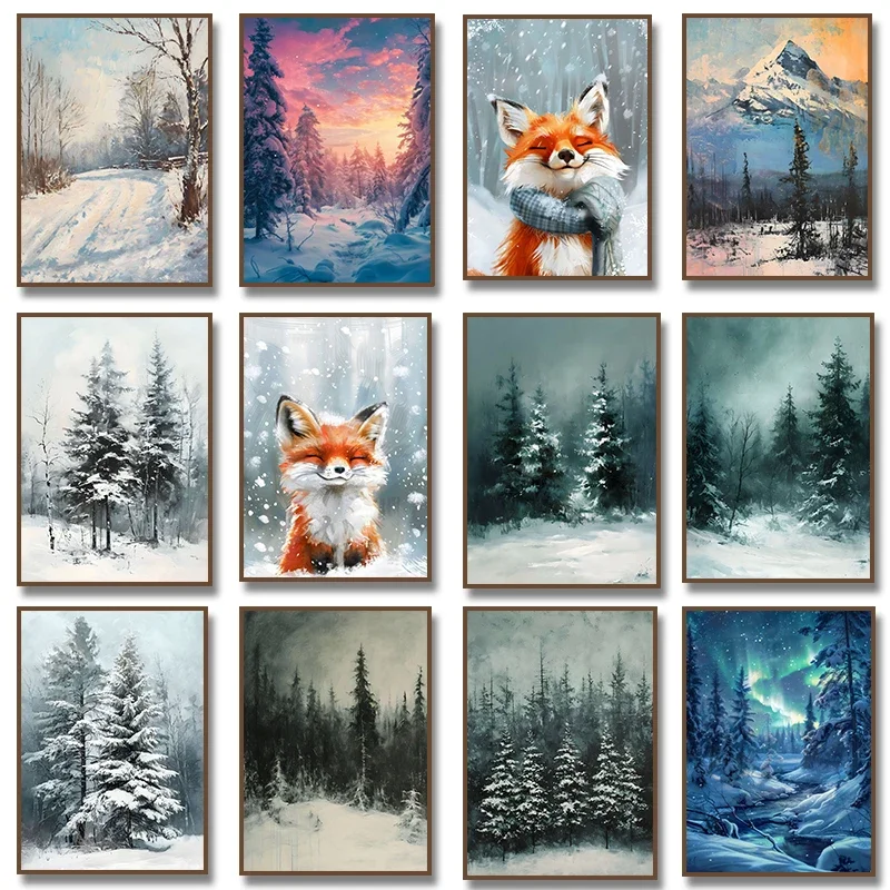 1PC--Forest Trees Winter Snow Northern Lights Aurora Poster Cozy Furry Fox Canvas Painting Print Wall Art for Living Room Hom