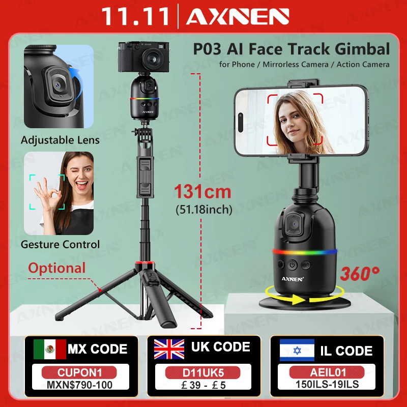 AI Face Tracking Gimbal Mobile Phone Stabilizer, 360 Auto Rotate Selfie Stand for Iphone 15 Pro Max Android, Optional Tripod