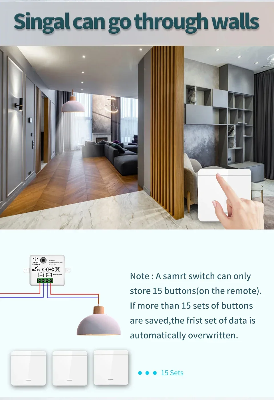 Drahtlose 433 MHz Smart Switch Licht 1/2/3Gang 86 Wand Panel Schalter mit Fernbedienung Relais Empfänger 10A 110 V 220 V Für LED Lampe – Detail 7