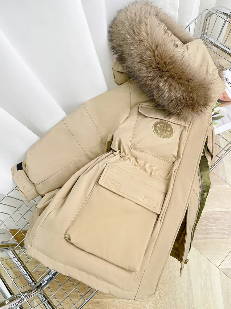 2023 Women Winter Thick Warm Puffer Coat White Duck Down Medium-Long Jacket Female Hooded Loose Parka Real Raccoon Fur