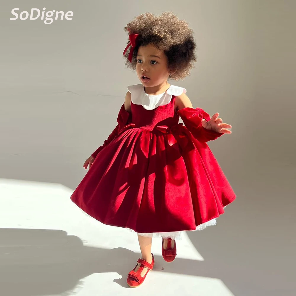 

SoDigne A-line Velvet Flower Girl Dress O-neck Detachable Sleeves Short 2026 Girls Skirt Party Dresses Kid Gown Customized
