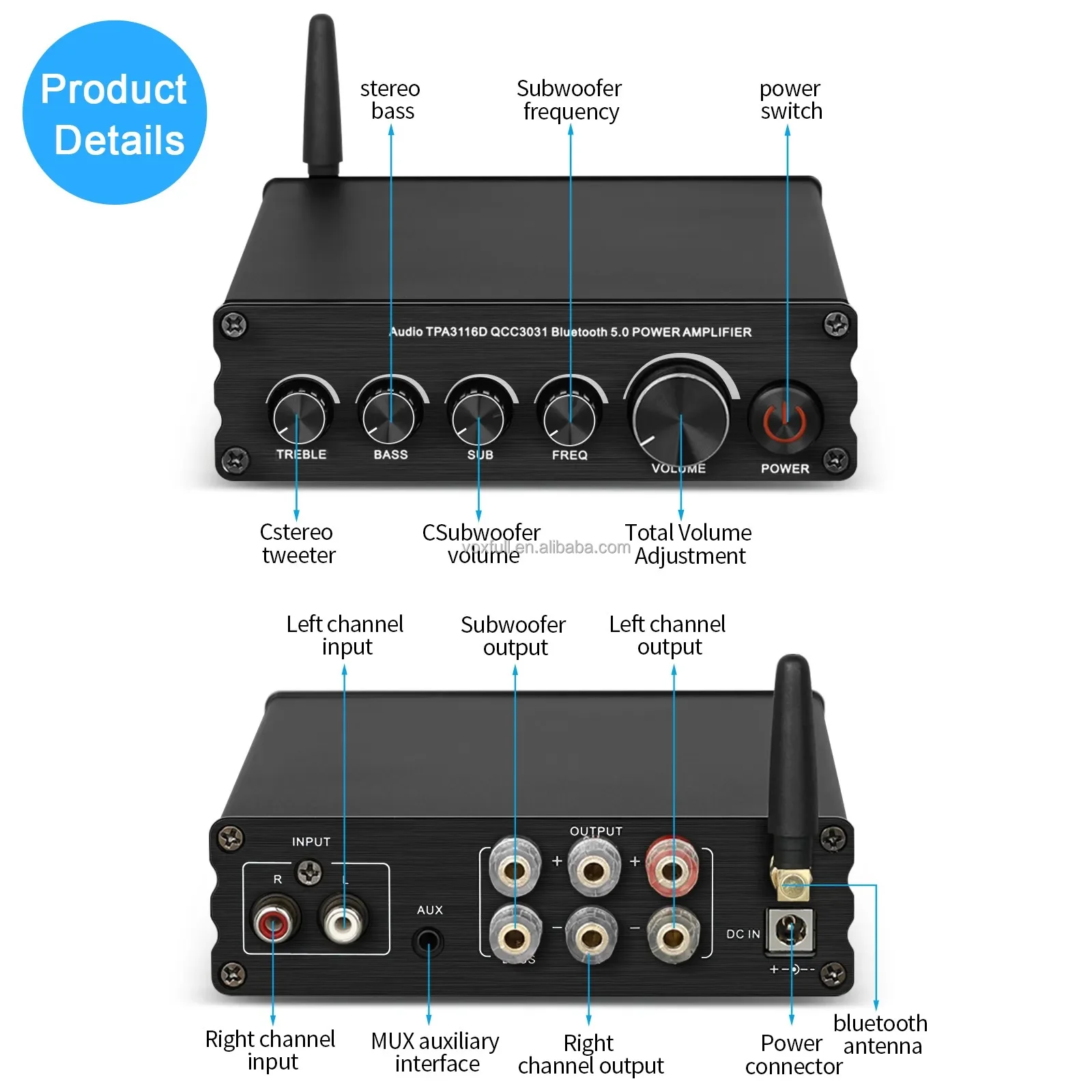 VOXFULL TPA3116 مكبر للصوت استقبال ستيريو BT 5.0 Mini Power Amp 3CH 200W للمنزل/الخارجي/المرآب/مكبرات الصوت السلبية نظام المسرح