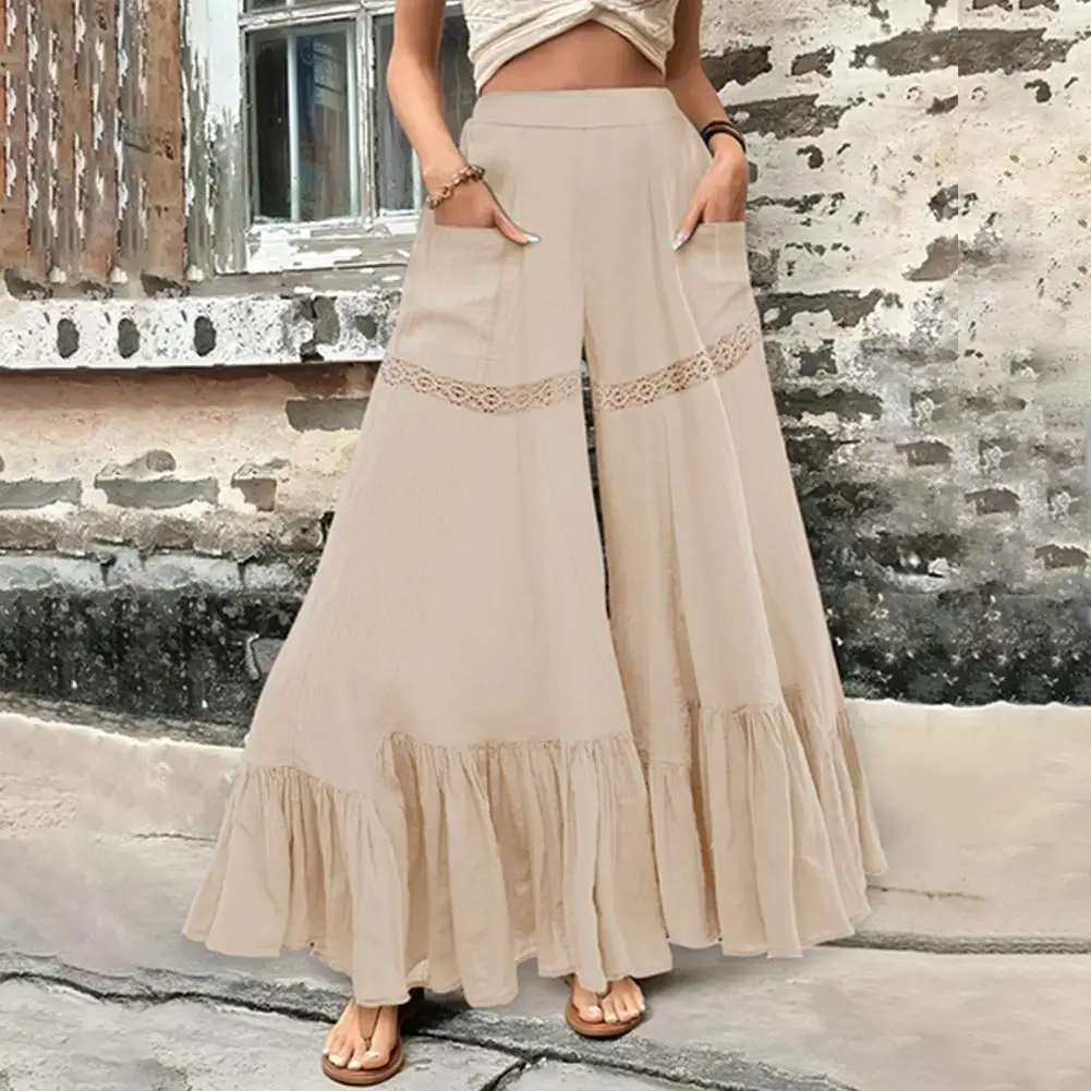 

Elastic Waistband Bottoms Elegant Women's Flared Pants with High Waist Wide Leg Design Ruffle Cuffs Stylish Trousers with for A