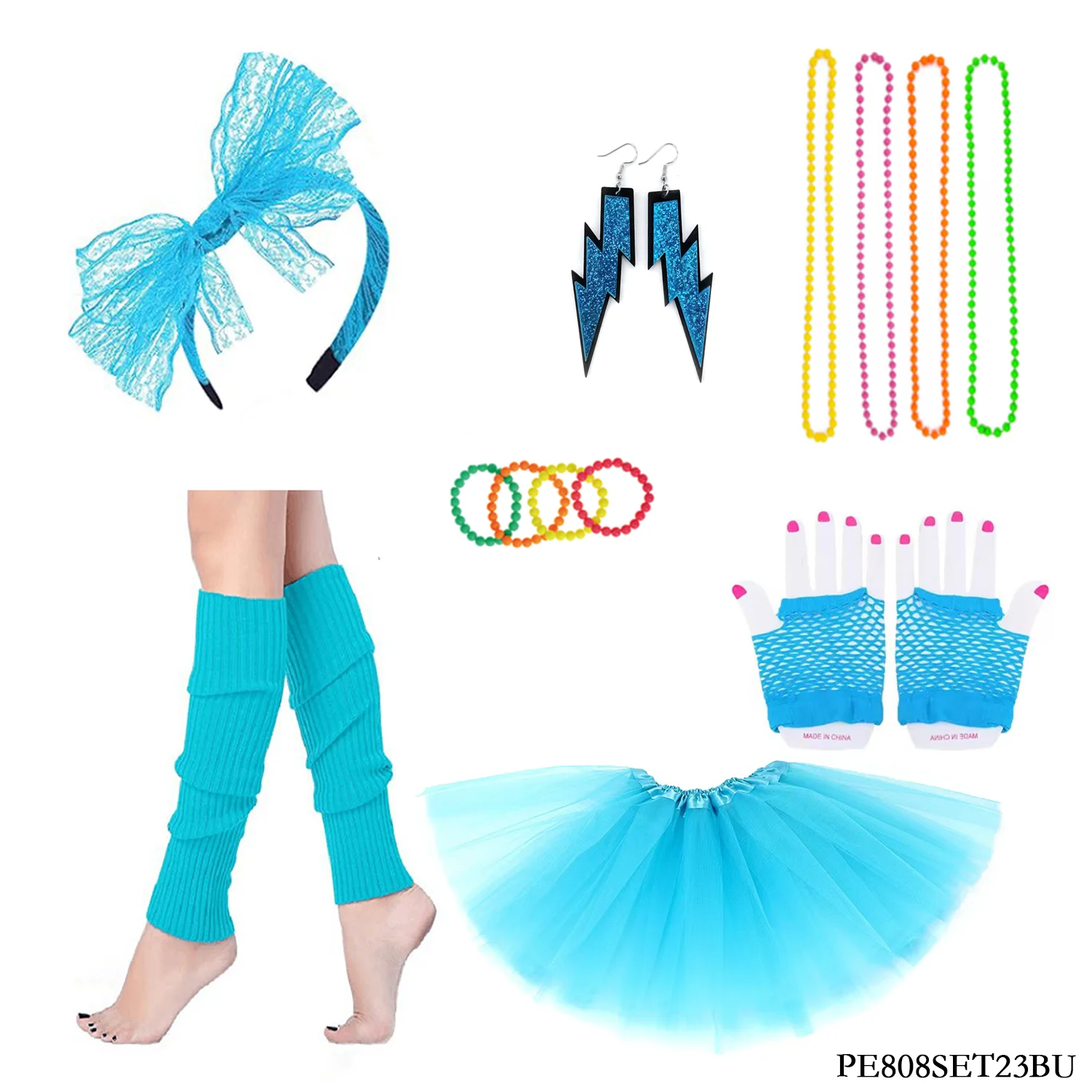 

PESENAR Blue Retro 7-Piece Costume Set - Vibrant Glitter & Neon Accessories for 80s-Themed Parties & Dress-Up