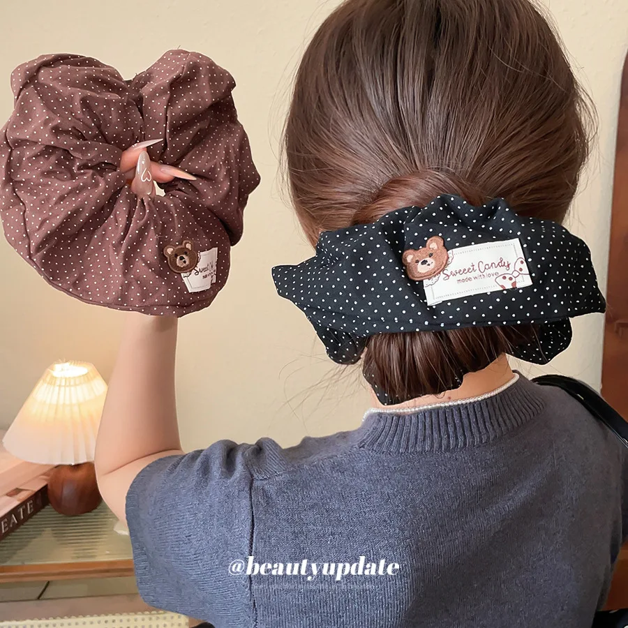 Adorable Bear Patch Polka Dot Hair Scrunchies Sweet Brown Black Ponytail Holder Cute High Elastic Hair Band Y2k Hair Accessory