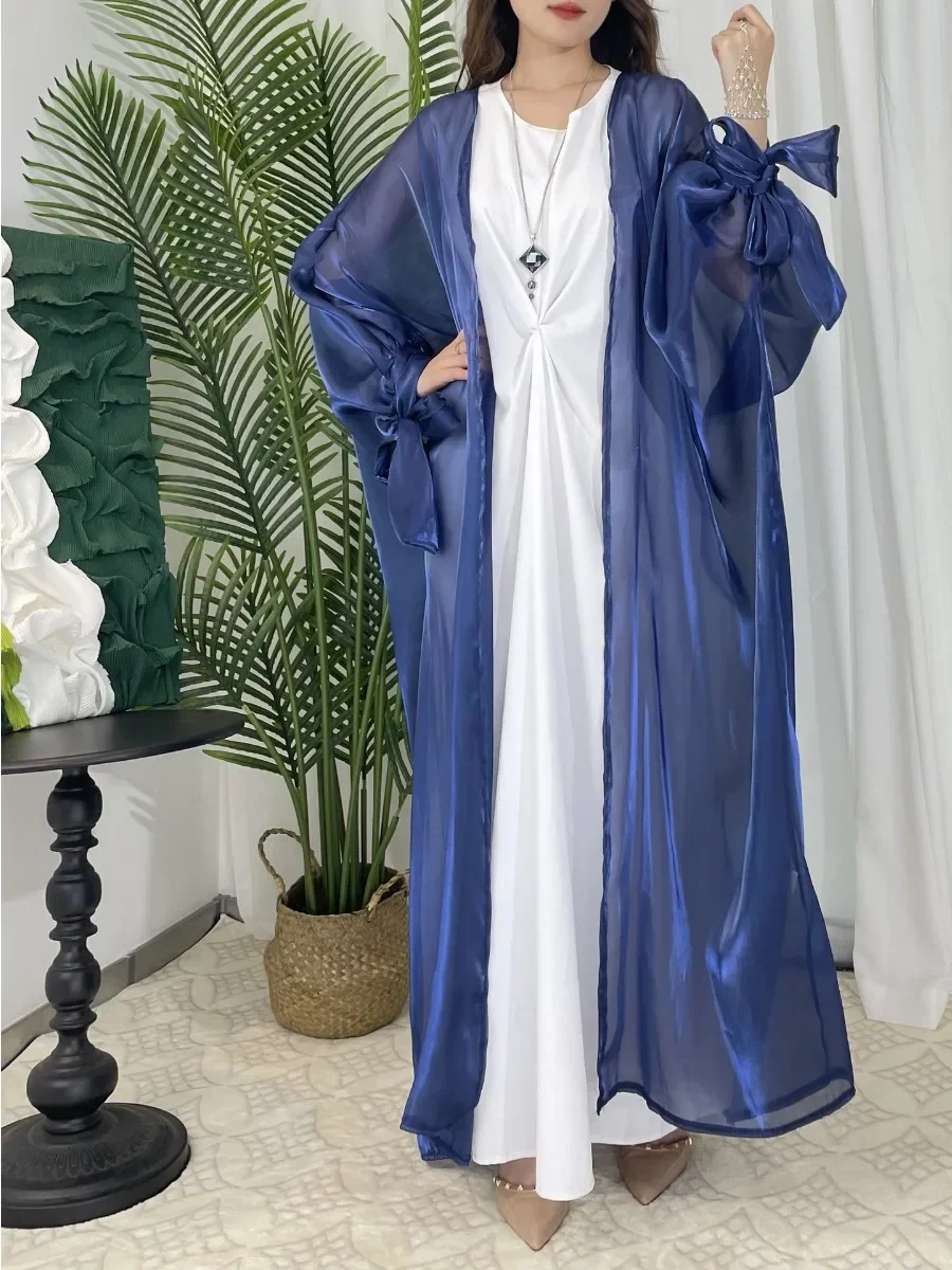 Eid Ramadan Silky Abaya for Women Lace-up Arab Muslim Long Dress Morocco Caftan Party Night Abayas Vestiidos Femme Turkey 2024