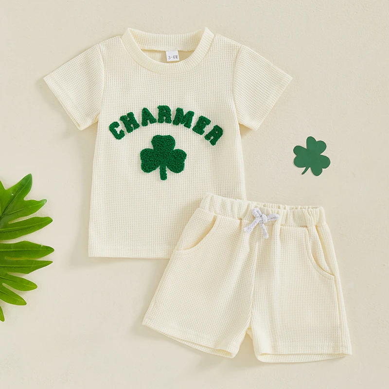 2024-11-21 Lioraitiin Toddler Baby Boy Girl St Patricks Day Clover Waffle Short Sleeve Shirt Summer Spring Clothes