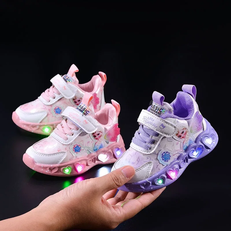 

Spring Autumn Kids Girl Led Light Shoes Baby Casual Sneaker Children Cartoon Princess Frozen Elsa Breathable Toddler Sport Shoes