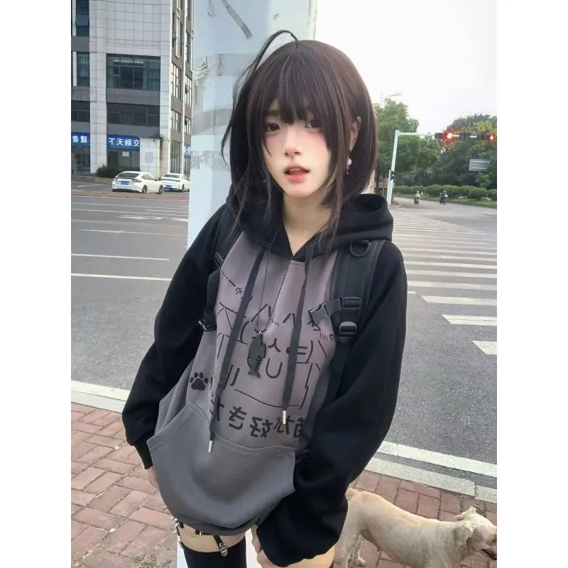 

Japanese y2k cartoon printed hoodie autumn Kawaii gray black color T shirt subculture loose casual youthful women's tops