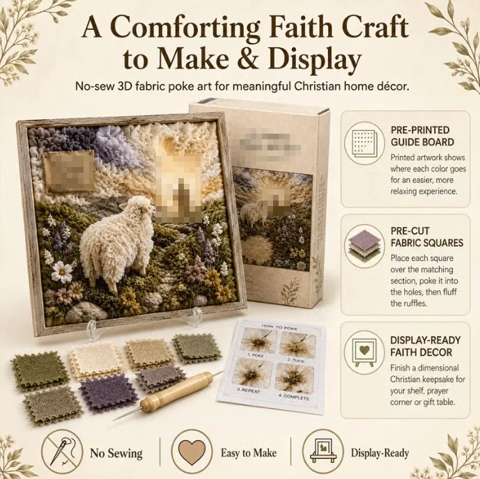 No‑Sew 3D Fabric Poke Art Kit DIY Sheep Landscape Handcraft Set Pre‑Printed Board Home Wall Decor Religious Faith Keepsake Gift