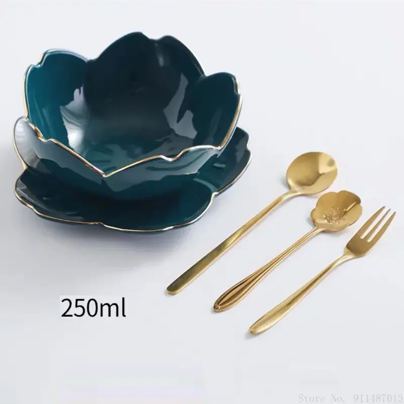 Japanese Porcelain, Gilt Edged Cherry Blossom Dessert Bowl Plate Set Spoon Fork, Creative, Fruit Ice Cream Sugar Water Container