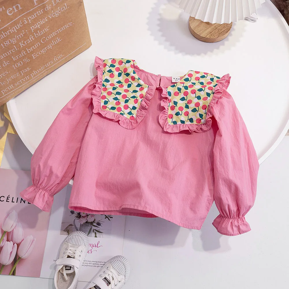 Floral Embroidery Baby Girls Shirts Spring Autumn Sweet Ruffles Peter Pan Collar Long Sleeve Shirts Kids Tops Children Clothes