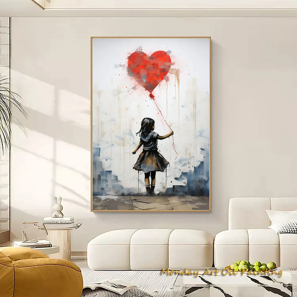 Hand Painted Mondern Oil Painting Banksy Style Girl With Heart Balloon Wall Art Pop Graffiti For Home Decor Fedex Shipping Cost