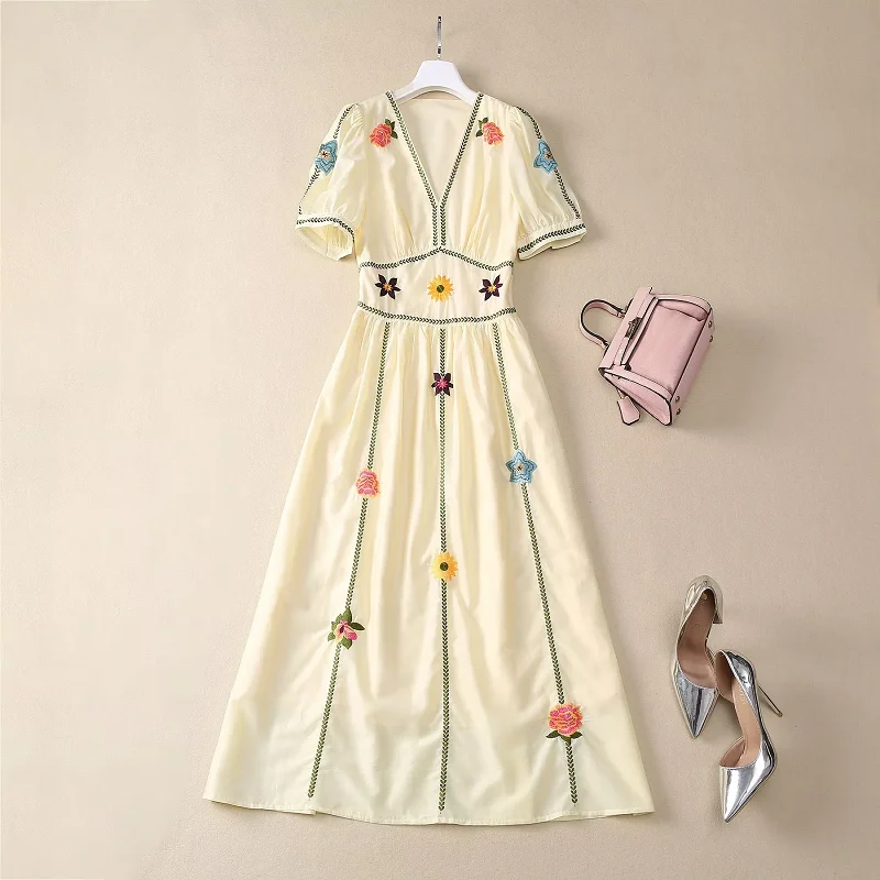 

Top Quality New 2025 Spring Dress Women Sexy V-Neck Luxurious Embroidery Short Sleeve Mid-Calf Length Yellow Dress Party Wear