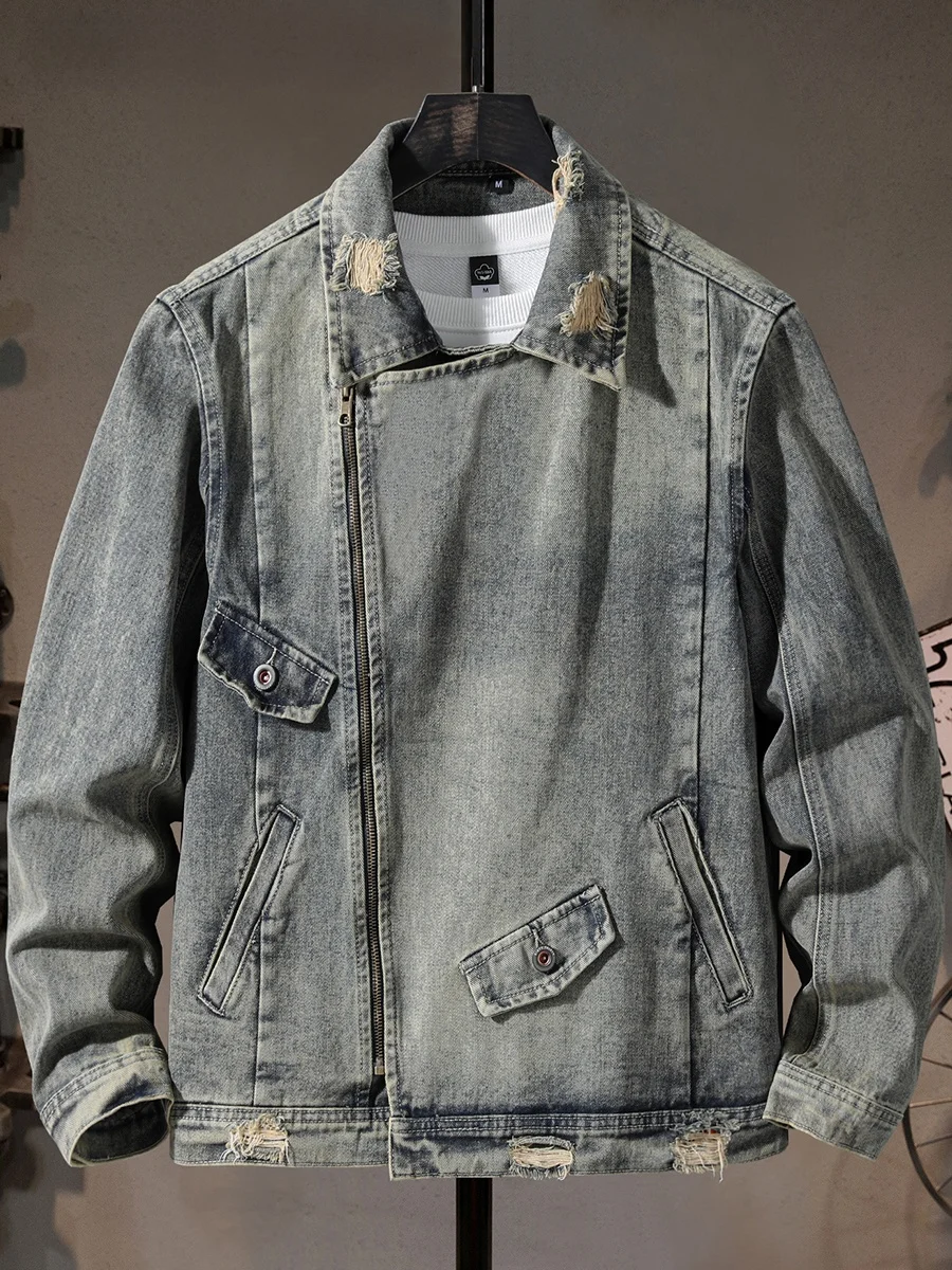 

Модная корейская джинсовая куртка Slim Fit на молнии для мужчин: трендовая, в стиле ретро-панк, с дырками, мотоциклетная, для молодежного городского образа жизни