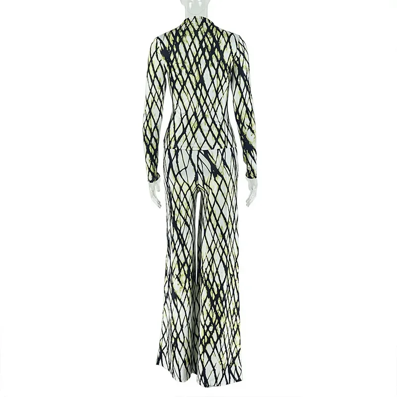 

2026 New Printed Waist-Cinching Wide-Leg Pants Set with Long Sleeves, Slim-Fit, Elegant Two-Piece Set for Women's Fashion