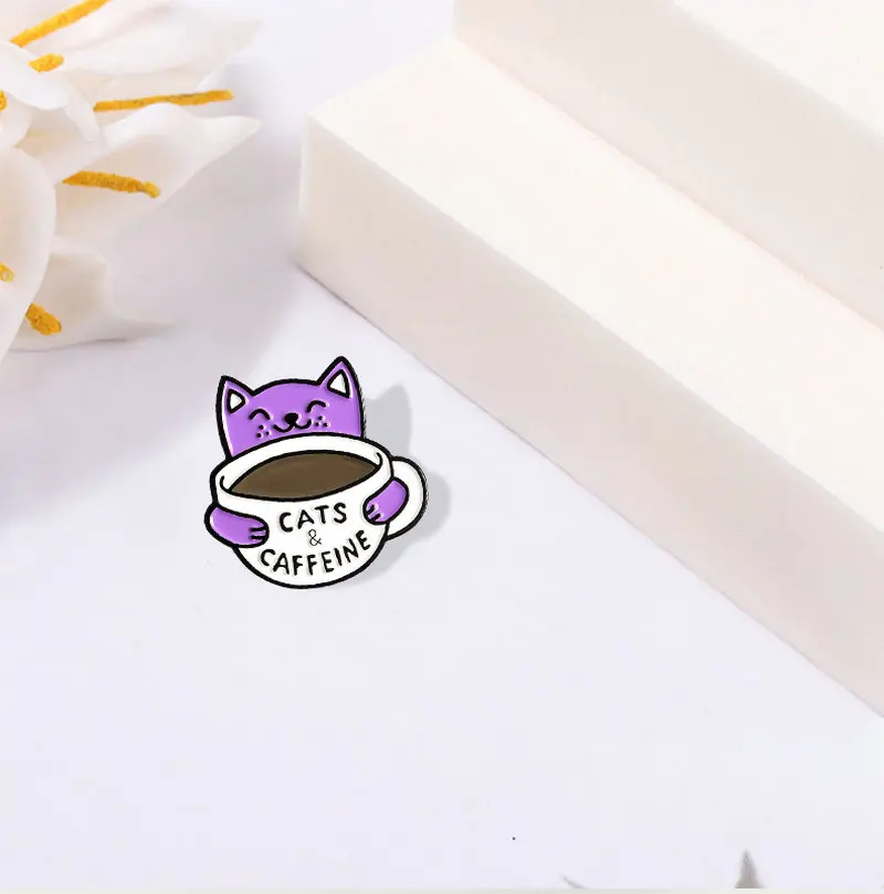 

10 PCS / LOT Cat Coffee Cup Enamel Pin Custom Brooches Cats are like Caffeine Badge for Bag Lapel Pin Buckle Animal Jewelry