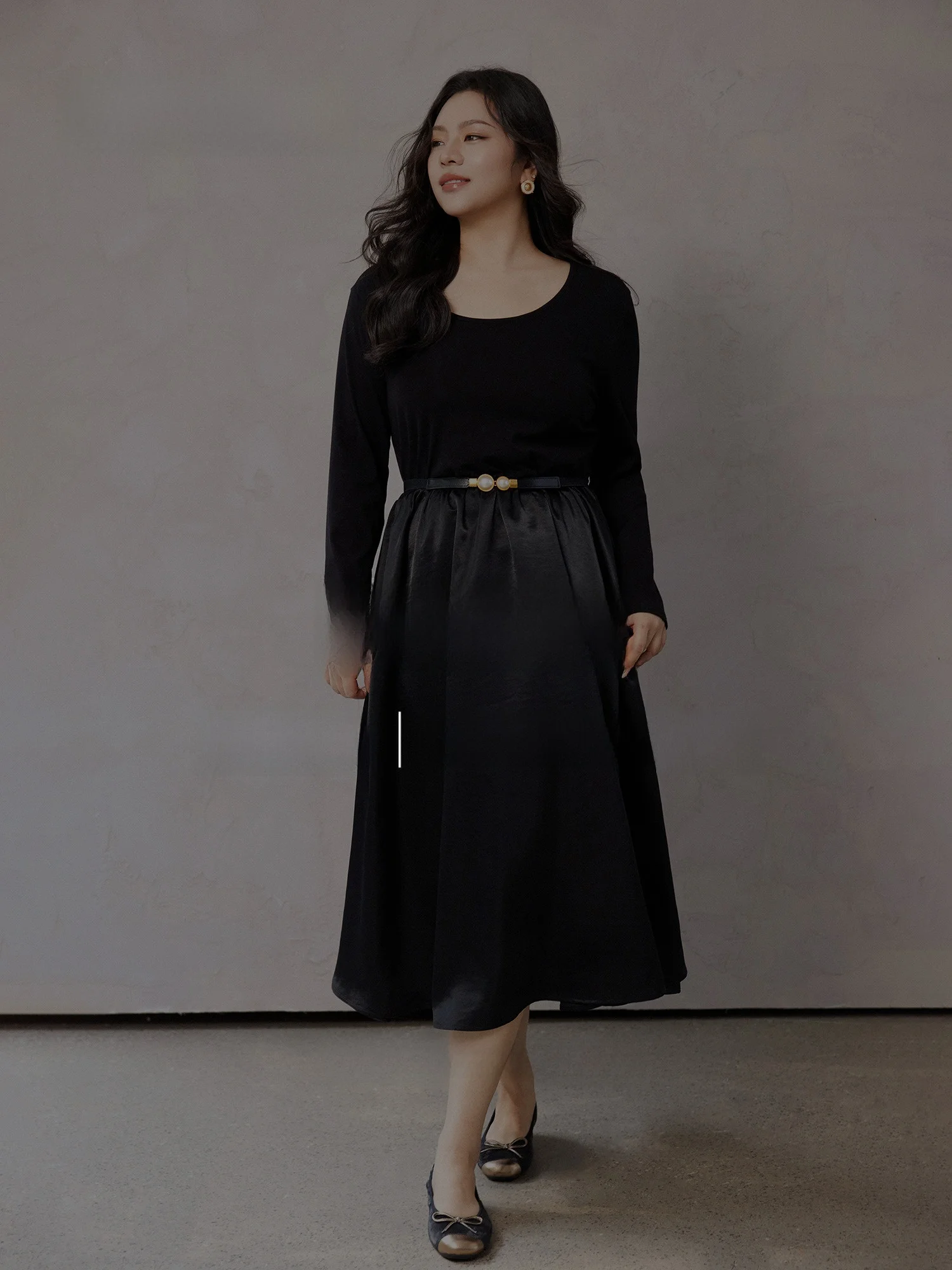 

Elegant Plusmall Night Waltz Dress Shiny Satin Slimming Waist Knitted Long Sleeve A-Line Dress for Women Spring Season