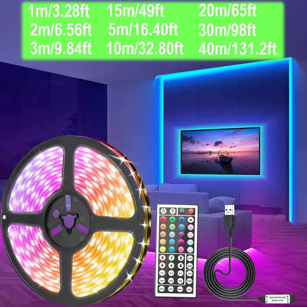 RGB USB LED Light 1-40meters LED Strip Lights Changing Remote Control 44key Control for TV Screen Desktop Backlight Decorative