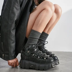 Chaussures à Lacets de Style Punk pour Femme, Baskets à Plateforme, Bottes Rock, Décor en Métal, Hauteur de Talon de 6cm, Nouvelle Marque 2024