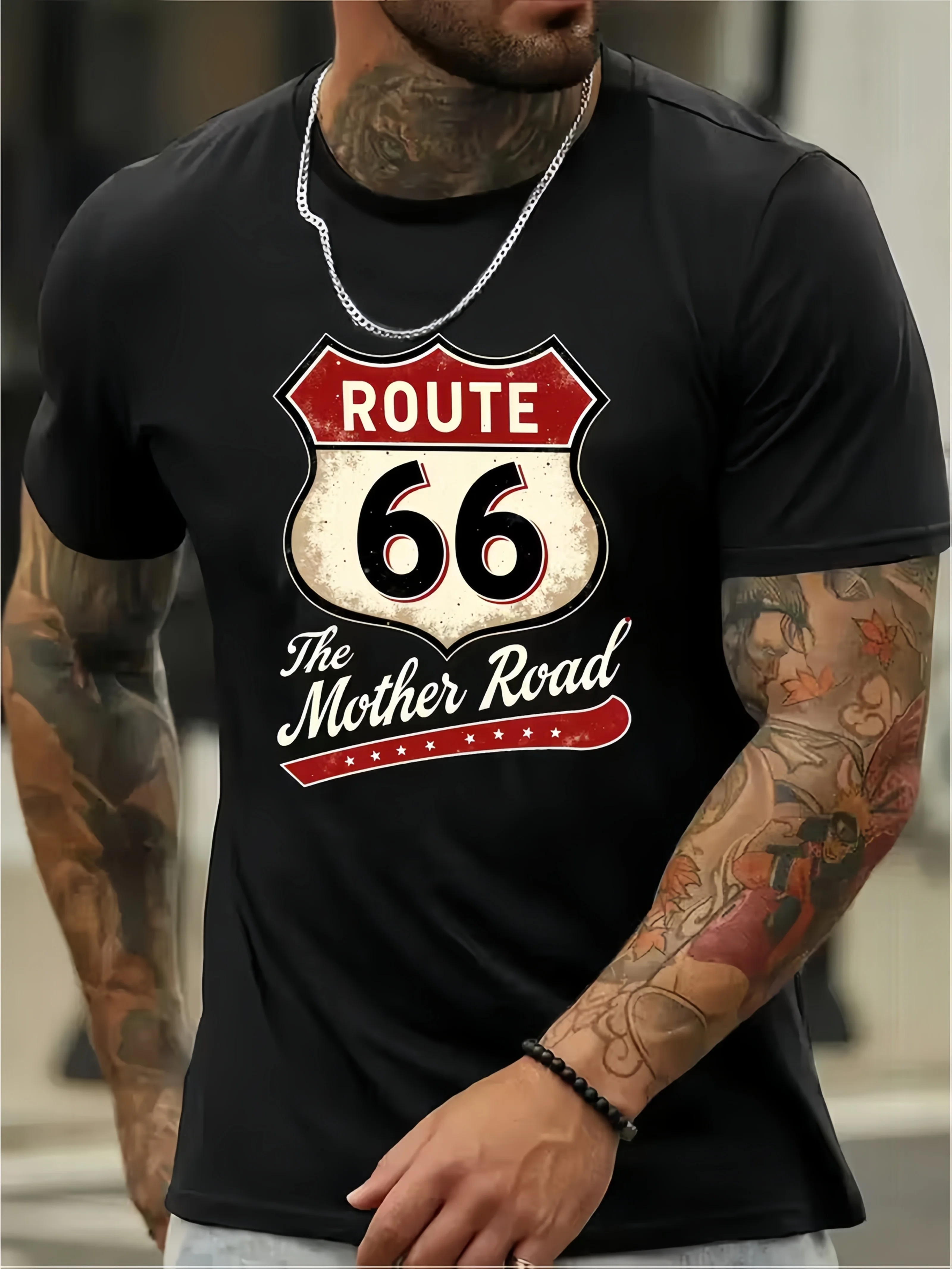 Schnell trocknendes Herren-T-Shirt mit Route 66-Aufdruck, kurzärmelig, Rundhalsausschnitt, Sport-T-Shirt, atmungsaktiv, feuchtigkeitsableitend, Streetwear-Oberteil