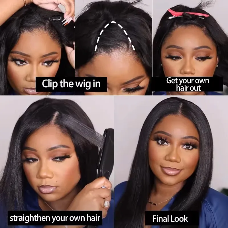 Straight V U Part Wig Human Hair No Leave Out Thin Part Glueless Brazilian Bone Straight Human Hair Wigs For Women Wig 200%