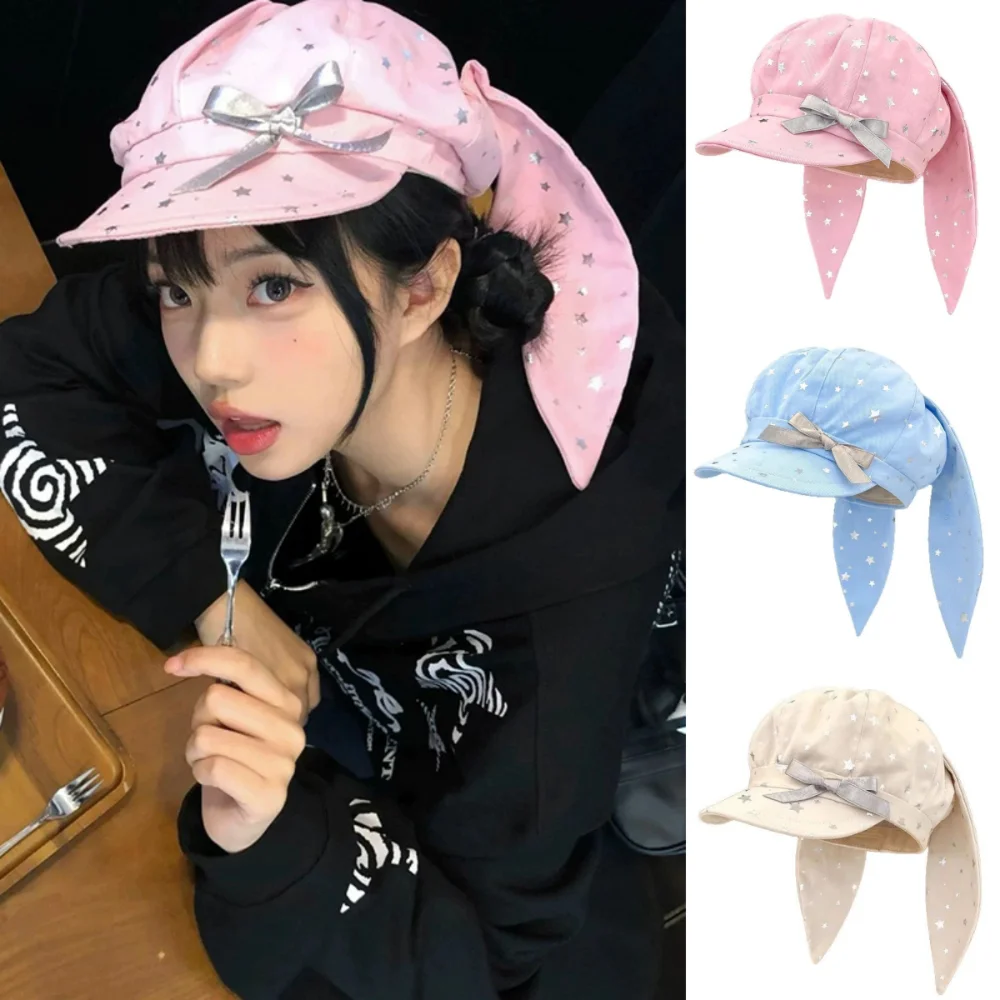 

Versatile Cotton Silver Star Bowknot Cap Sunscreen Retro Detachable Rabbit Ears Hat Punk Hip Hop Bunny Ears Berets Cap Street