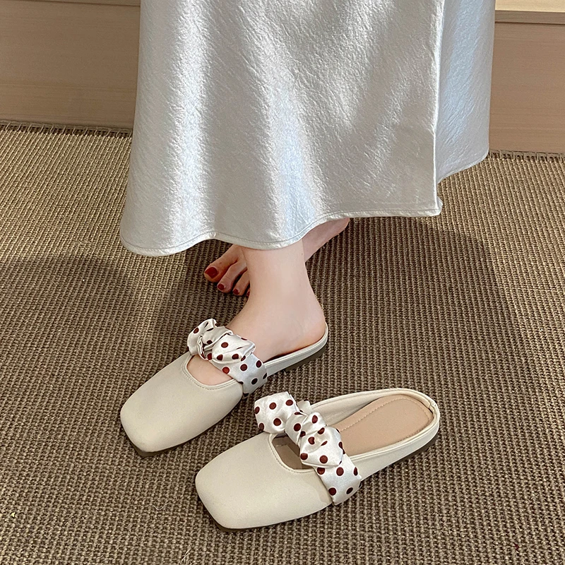 Square Toe Mule - Women Polka‑Dot Bow Mule Slippers Square