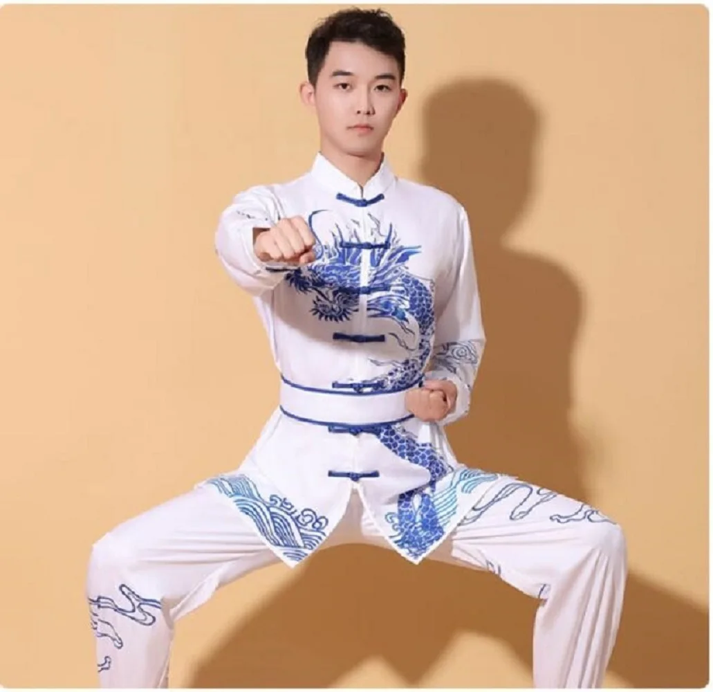 Nowy chiński styl męski damski haftowany smok kombinezon Kung Fu Tai chi Wushu Uniform Outdoor Sport bluza z długim rękawem zestawy spodni