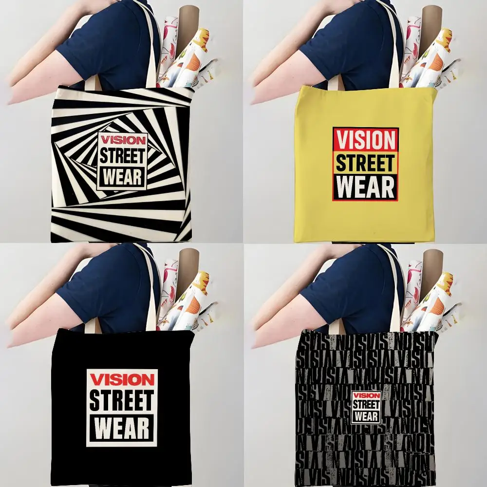 V-Vision S-Street-Wears Storage Bags Canvas Double-Sided Print Tote Bag Large Capacity Shoulder Fashion Shopping Handbag