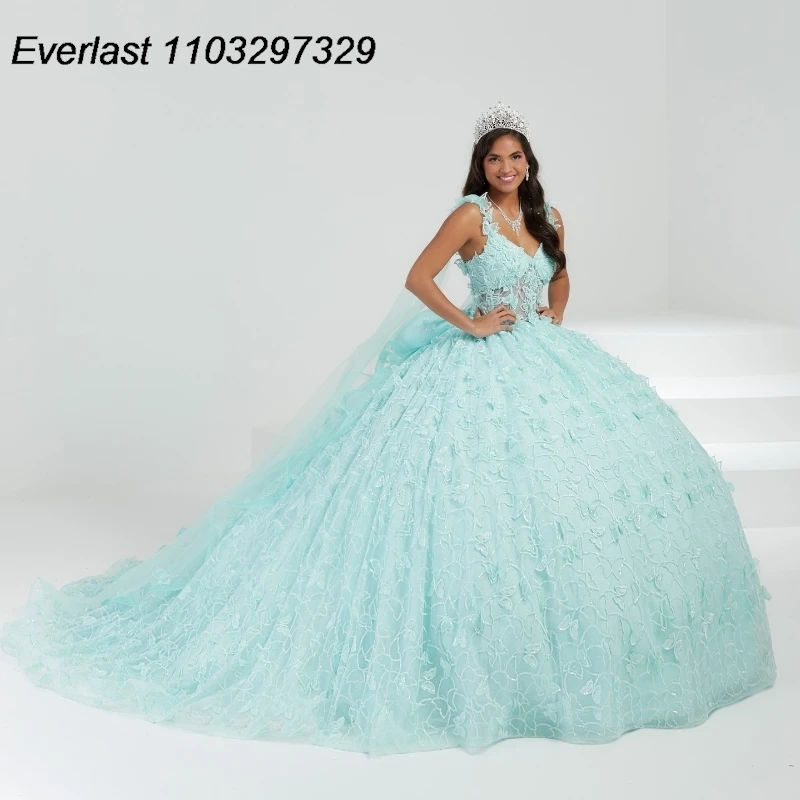 EVLAST Customized Sage Green Quinceanera Dress Ball Gown Butterfly Applique Beaded Cape Sweet 16 Vestidos De 15 Años TQD848