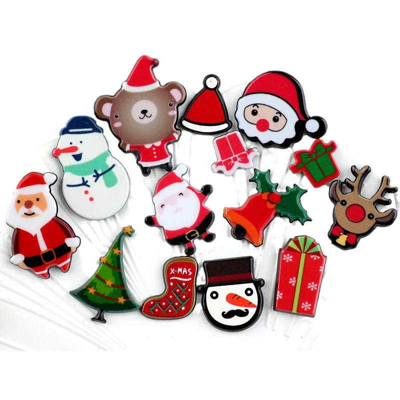 20pcs Christmas Tree Acrylic Sticker Cabochons Cute Santa Snowman Reindeer Jingle Bell Flatback Crafts Embellishment Accessories